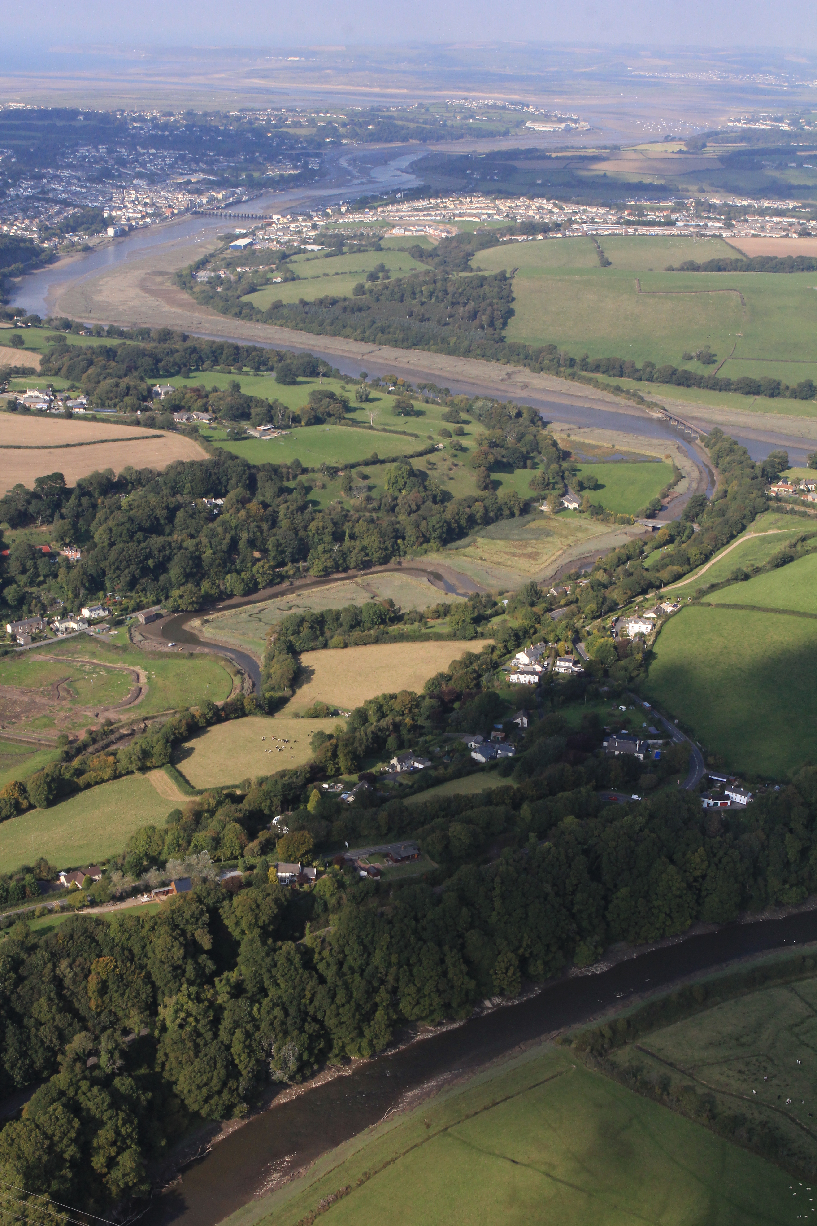Aerial view looking north across the Tarka Trail estuary near Landcross and Bideford