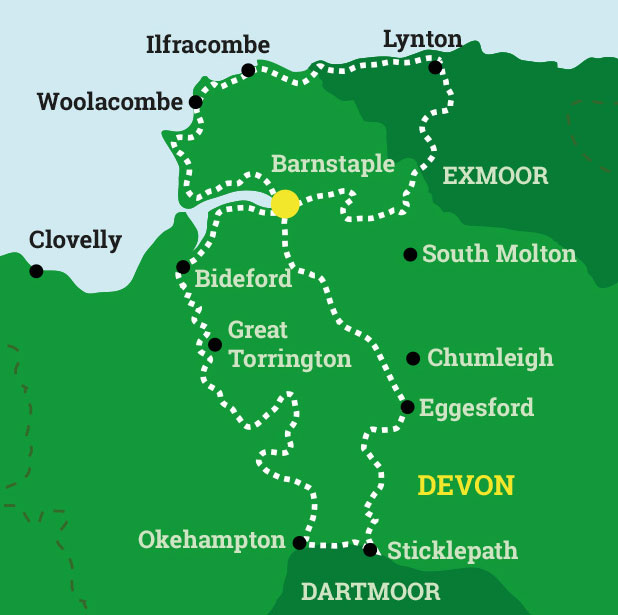 Regional map showing Landcross near Bideford, the Tarka Trail, Exmoor and Dartmoor.